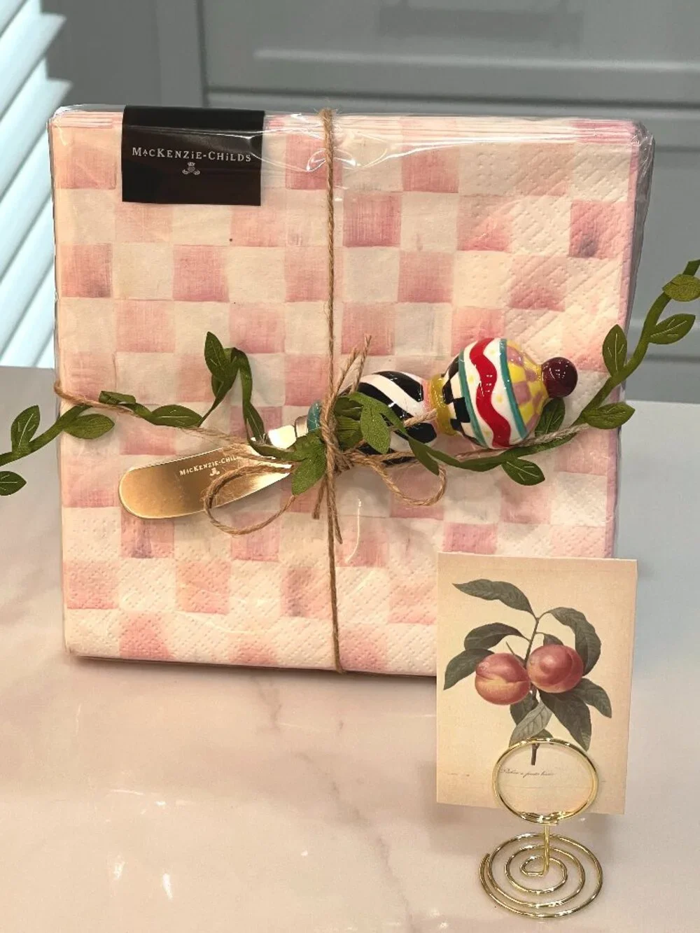 MacKenzie-Childs Rosy Check Napkin and Spreader Gift Set-NEW